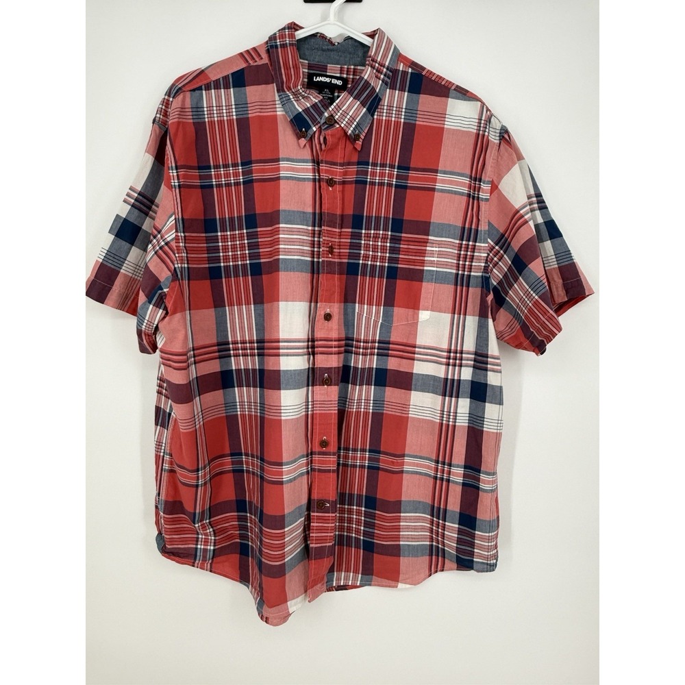 Lands End Short Sleeve Plaid Checkered Mens Shirt XL Twill Traditional Fit